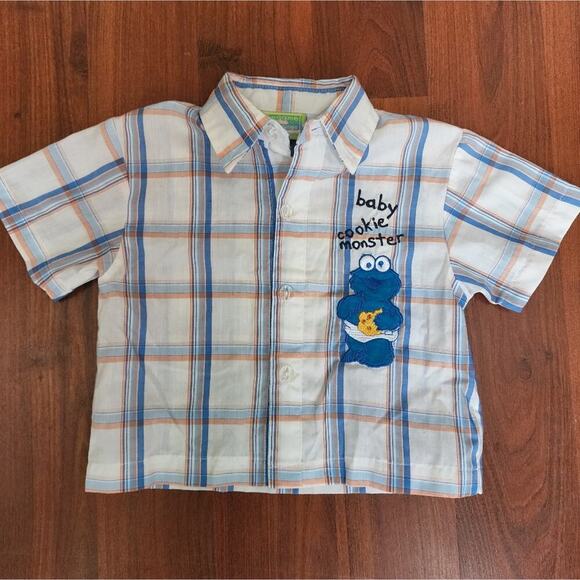 VINTAGE SESEME BEGINNINGS COOKIE MONSTER PLAID SHIRT SIZE 6/9MTHS - Picture 2 of 6